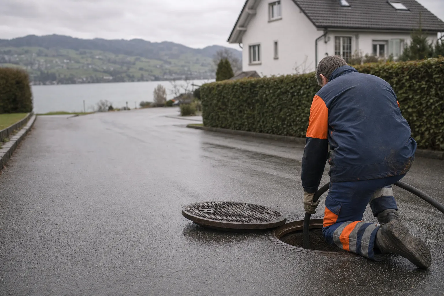 Techniker kniet an einem geöffneten Kanalschacht und führt den Hochdruckschlauch ein, dahinter ein Wohnhaus und der Zürichsee