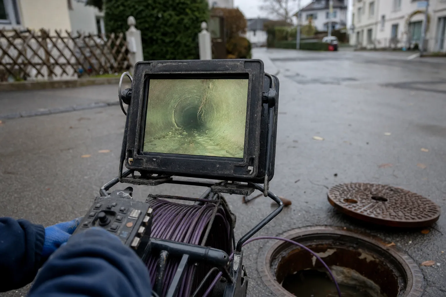 Monitor einer Rohrkamera an einem offenen Kanalschacht in einer Wohnstrasse, auf dem Bildschirm die Innenwand eines Kanalrohrs mit Ablagerungen und Wurzeleinwuchs