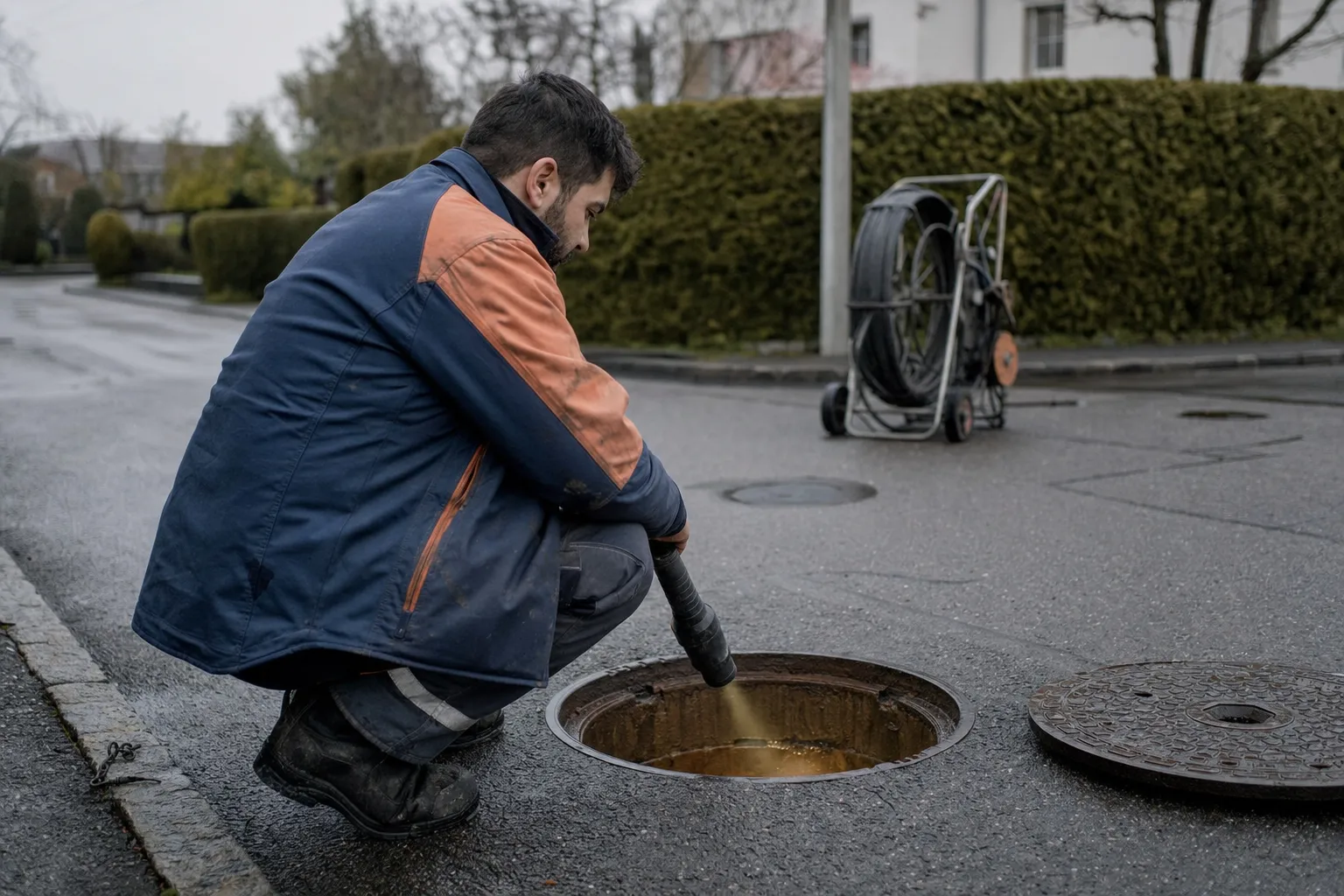 Techniker prüft das Ergebnis einer Rohr-Inspektion an einem Kanalschacht