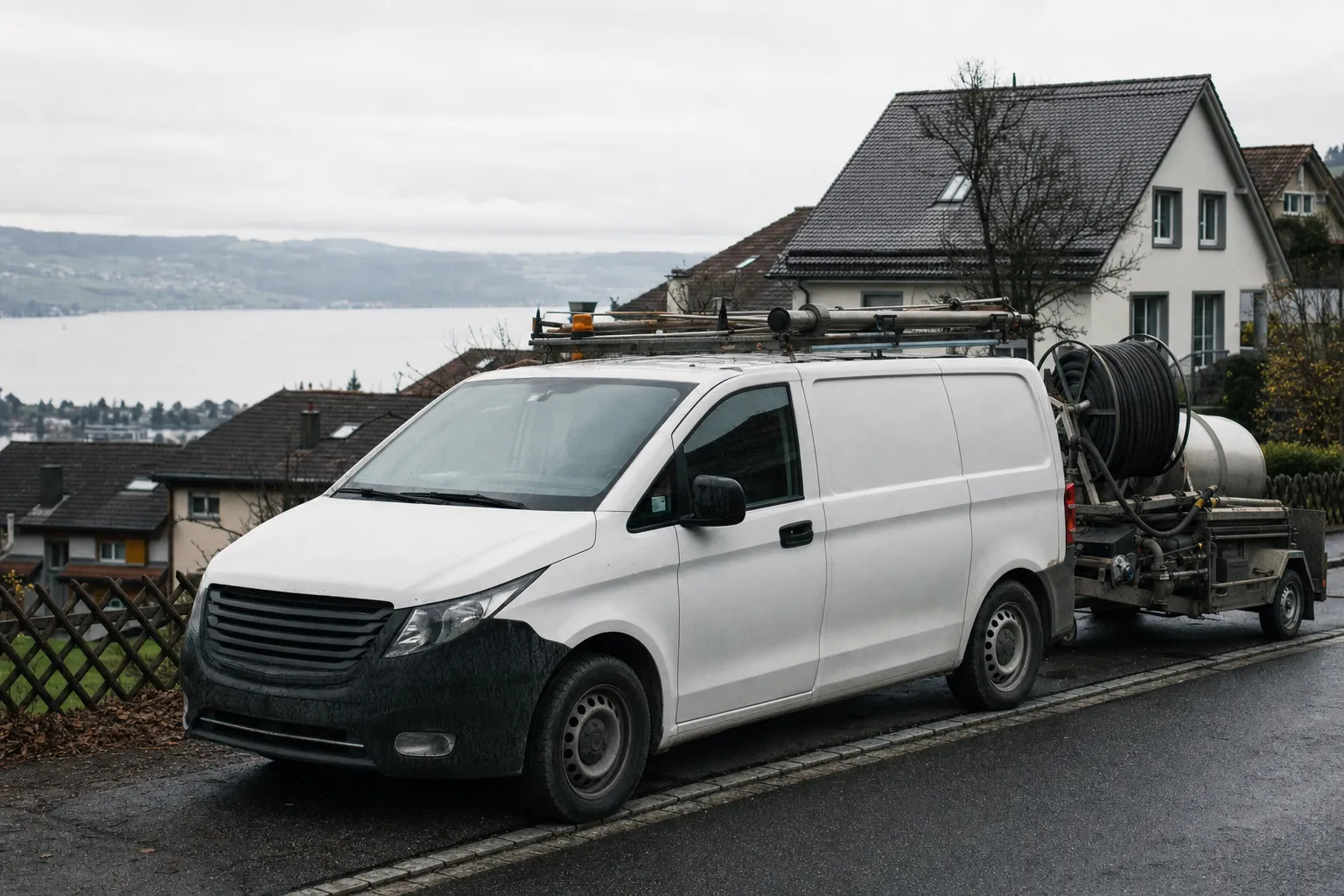 Servicetransporter an einer Wohnstrasse in Wädenswil mit Blick auf den Zürichsee